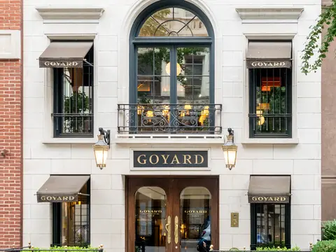 The Maison Goyard boutique on East 63rd Street in Manhattan, with its awnings and arched windows