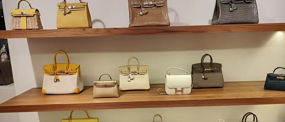 Hermes Birkin and Kelly bags in many colours lined up on wooden shelves at an auction preview